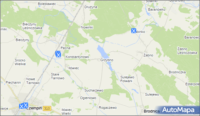 mapa Grzybno gmina Brodnica, Grzybno gmina Brodnica na mapie Targeo