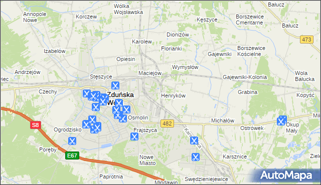 mapa Henryków gmina Zduńska Wola, Henryków gmina Zduńska Wola na mapie Targeo