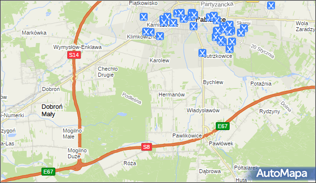 mapa Hermanów gmina Pabianice, Hermanów gmina Pabianice na mapie Targeo