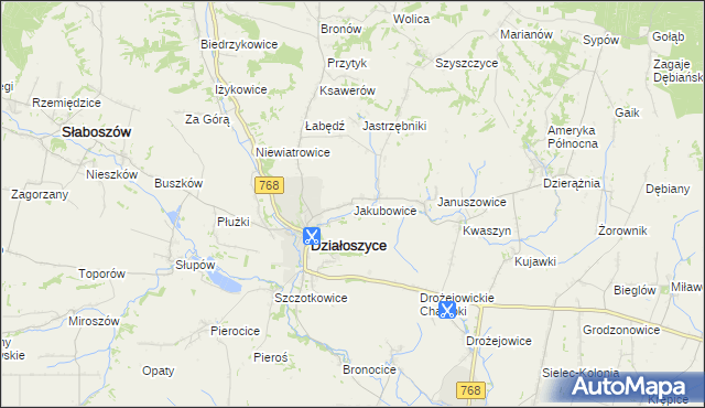mapa Jakubowice gmina Działoszyce, Jakubowice gmina Działoszyce na mapie Targeo