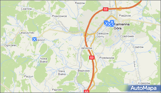 mapa Janiszów gmina Kamienna Góra, Janiszów gmina Kamienna Góra na mapie Targeo