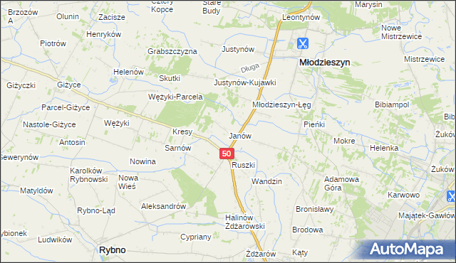 mapa Janów gmina Młodzieszyn, Janów gmina Młodzieszyn na mapie Targeo
