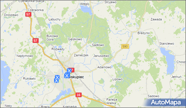 mapa Januszewo gmina Biskupiec, Januszewo gmina Biskupiec na mapie Targeo