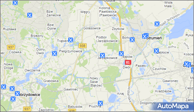 mapa Jarząbkowice gmina Pawłowice, Jarząbkowice gmina Pawłowice na mapie Targeo