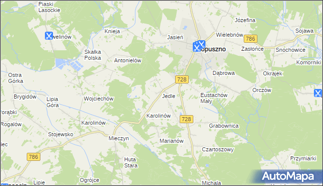 mapa Jedle gmina Łopuszno, Jedle gmina Łopuszno na mapie Targeo