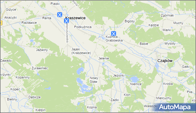 mapa Jelenie gmina Kraszewice, Jelenie gmina Kraszewice na mapie Targeo