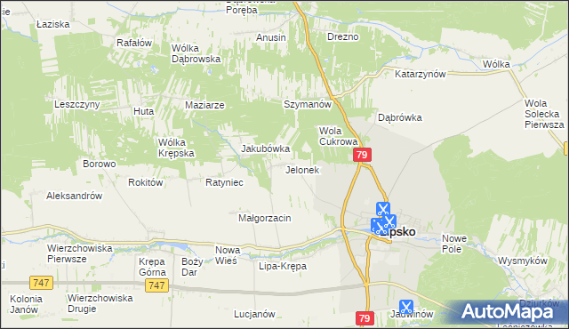 mapa Jelonek gmina Lipsko, Jelonek gmina Lipsko na mapie Targeo