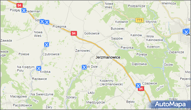 mapa Jerzmanowice gmina Jerzmanowice-Przeginia, Jerzmanowice gmina Jerzmanowice-Przeginia na mapie Targeo