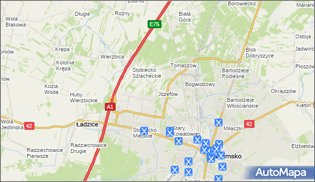 mapa Józefów gmina Ładzice, Józefów gmina Ładzice na mapie Targeo