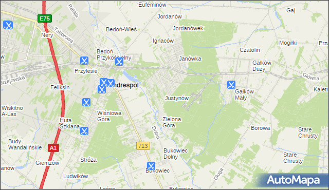 mapa Justynów gmina Andrespol, Justynów gmina Andrespol na mapie Targeo