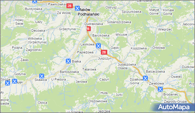 mapa Juszczyn gmina Maków Podhalański, Juszczyn gmina Maków Podhalański na mapie Targeo