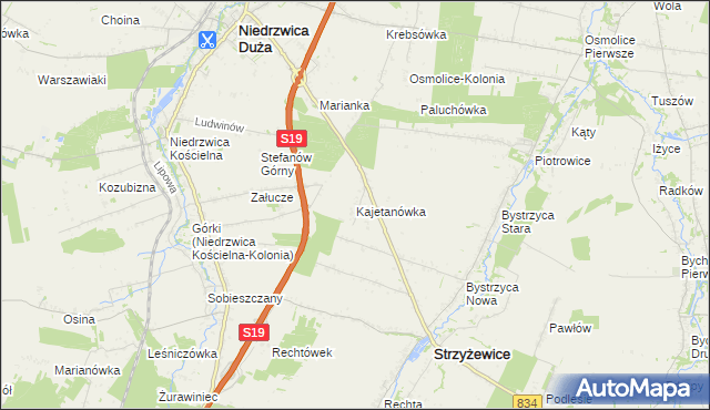 mapa Kajetanówka gmina Strzyżewice, Kajetanówka gmina Strzyżewice na mapie Targeo
