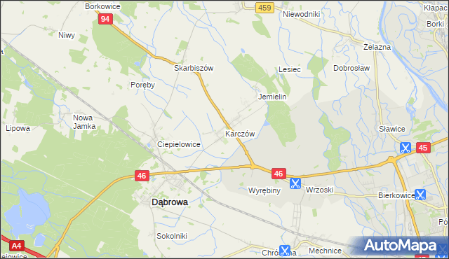 mapa Karczów gmina Dąbrowa, Karczów gmina Dąbrowa na mapie Targeo