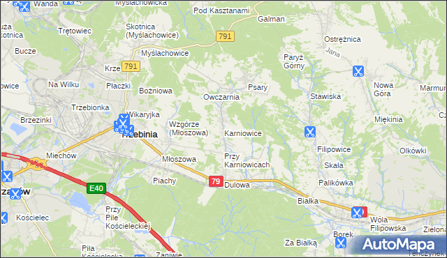 mapa Karniowice gmina Trzebinia, Karniowice gmina Trzebinia na mapie Targeo