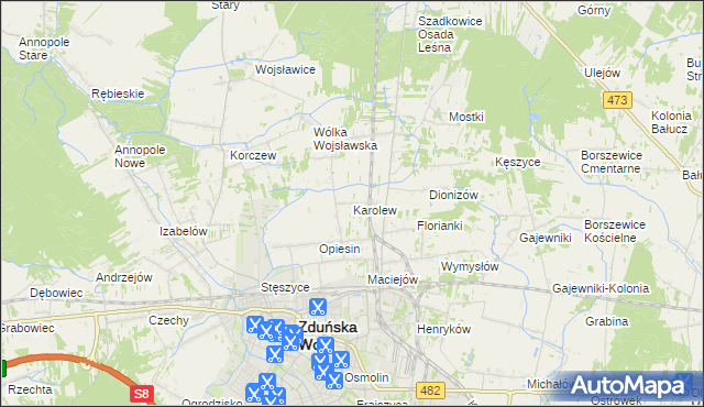 mapa Karolew gmina Zduńska Wola, Karolew gmina Zduńska Wola na mapie Targeo