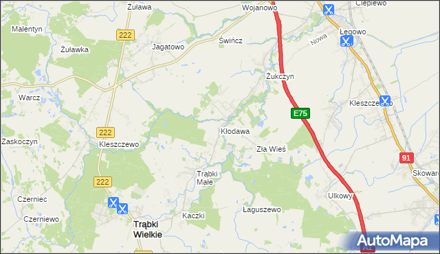 mapa Kłodawa gmina Trąbki Wielkie, Kłodawa gmina Trąbki Wielkie na mapie Targeo