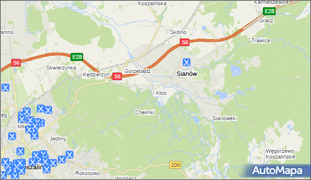 mapa Kłos gmina Sianów, Kłos gmina Sianów na mapie Targeo