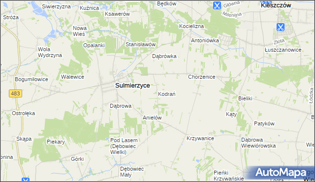 mapa Kodrań gmina Sulmierzyce, Kodrań gmina Sulmierzyce na mapie Targeo
