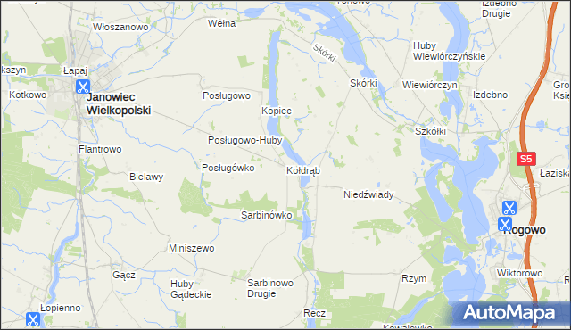 mapa Kołdrąb gmina Janowiec Wielkopolski, Kołdrąb gmina Janowiec Wielkopolski na mapie Targeo