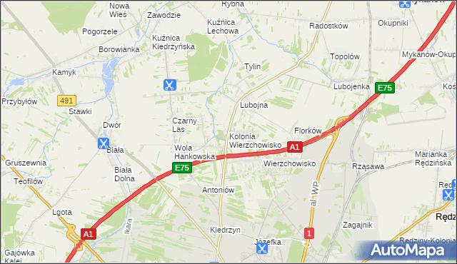 mapa Kolonia Wierzchowisko gmina Mykanów, Kolonia Wierzchowisko gmina Mykanów na mapie Targeo