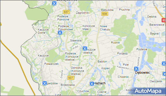 mapa Kończyce Wielkie, Kończyce Wielkie na mapie Targeo