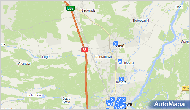 mapa Konradowo gmina Otyń, Konradowo gmina Otyń na mapie Targeo
