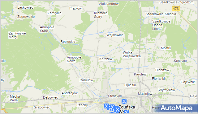 mapa Korczew gmina Zduńska Wola, Korczew gmina Zduńska Wola na mapie Targeo