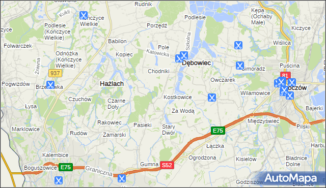 mapa Kostkowice gmina Dębowiec, Kostkowice gmina Dębowiec na mapie Targeo