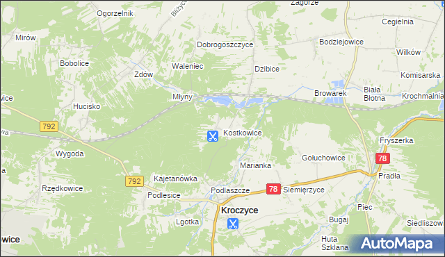 mapa Kostkowice gmina Kroczyce, Kostkowice gmina Kroczyce na mapie Targeo