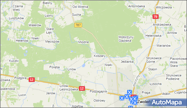 mapa Koszary gmina Zwoleń, Koszary gmina Zwoleń na mapie Targeo