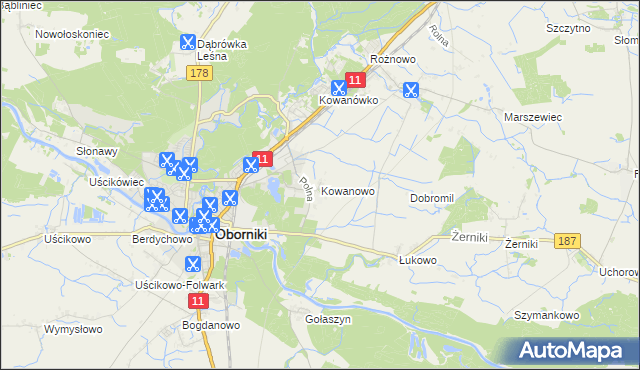 mapa Kowanowo gmina Oborniki, Kowanowo gmina Oborniki na mapie Targeo