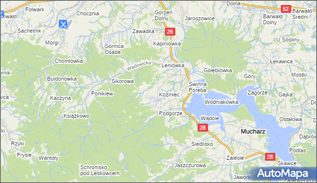mapa Koziniec gmina Mucharz, Koziniec gmina Mucharz na mapie Targeo