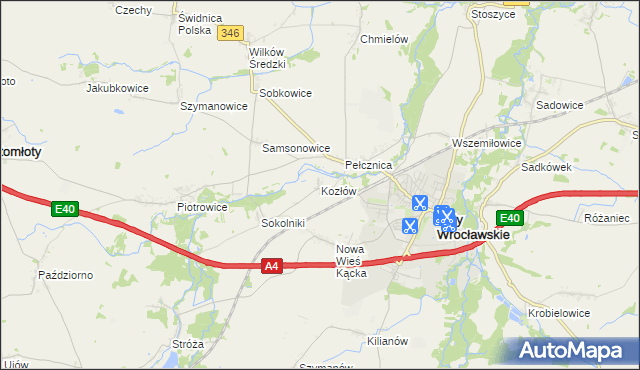 mapa Kozłów gmina Kąty Wrocławskie, Kozłów gmina Kąty Wrocławskie na mapie Targeo