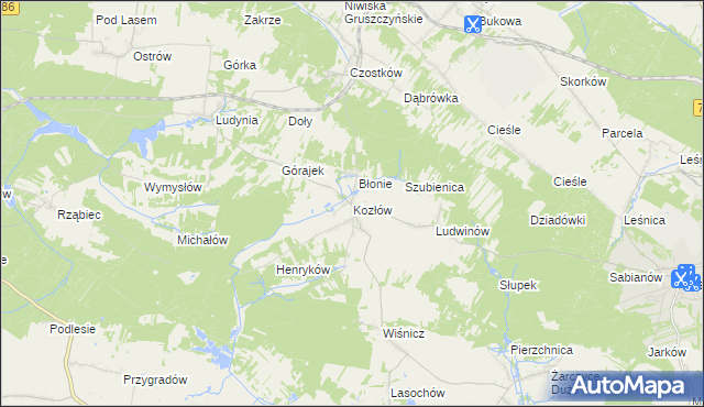 mapa Kozłów gmina Małogoszcz, Kozłów gmina Małogoszcz na mapie Targeo