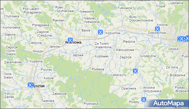 mapa Kozłówek gmina Wiśniowa, Kozłówek gmina Wiśniowa na mapie Targeo