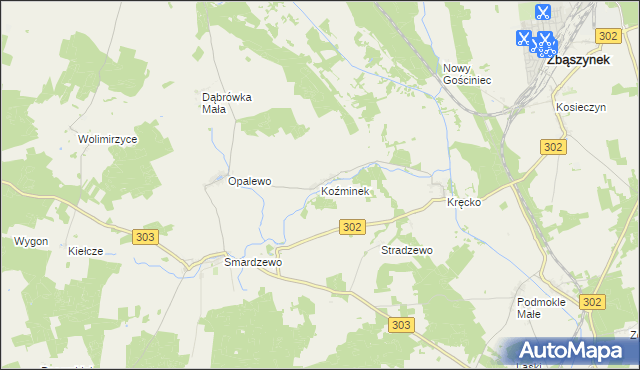 mapa Koźminek gmina Szczaniec, Koźminek gmina Szczaniec na mapie Targeo