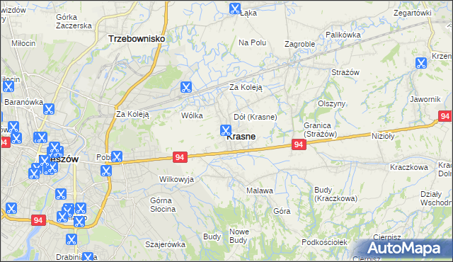 mapa Krasne powiat rzeszowski, Krasne powiat rzeszowski na mapie Targeo