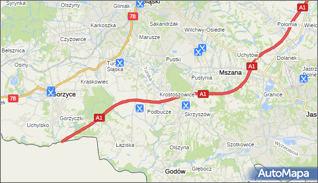 mapa Krostoszowice, Krostoszowice na mapie Targeo