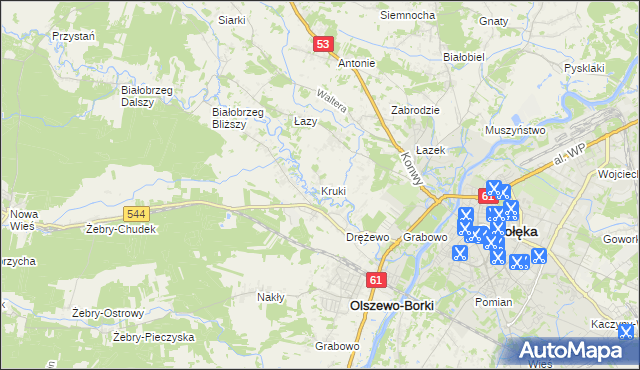mapa Kruki gmina Olszewo-Borki, Kruki gmina Olszewo-Borki na mapie Targeo