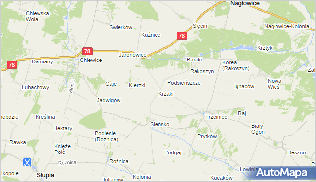 mapa Krzaki gmina Słupia, Krzaki gmina Słupia na mapie Targeo
