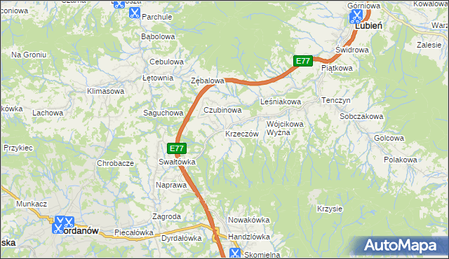 mapa Krzeczów gmina Lubień, Krzeczów gmina Lubień na mapie Targeo