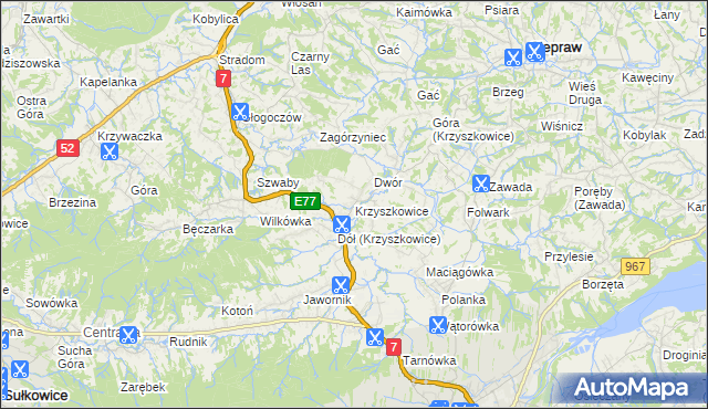 mapa Krzyszkowice gmina Myślenice, Krzyszkowice gmina Myślenice na mapie Targeo