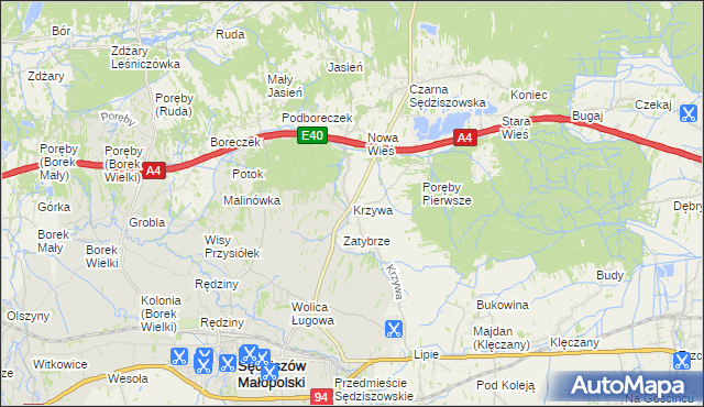 mapa Krzywa gmina Sędziszów Małopolski, Krzywa gmina Sędziszów Małopolski na mapie Targeo