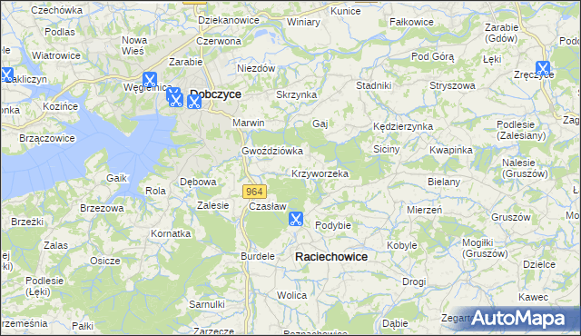 mapa Krzyworzeka gmina Raciechowice, Krzyworzeka gmina Raciechowice na mapie Targeo