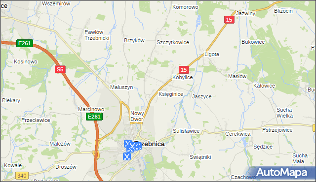 mapa Księginice gmina Trzebnica, Księginice gmina Trzebnica na mapie Targeo