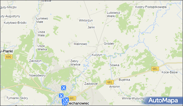 mapa Kuczyn gmina Klukowo, Kuczyn gmina Klukowo na mapie Targeo