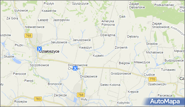 mapa Kujawki gmina Działoszyce, Kujawki gmina Działoszyce na mapie Targeo