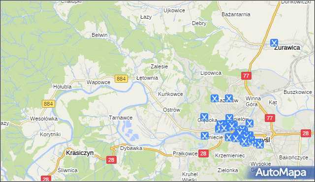 mapa Kuńkowce, Kuńkowce na mapie Targeo