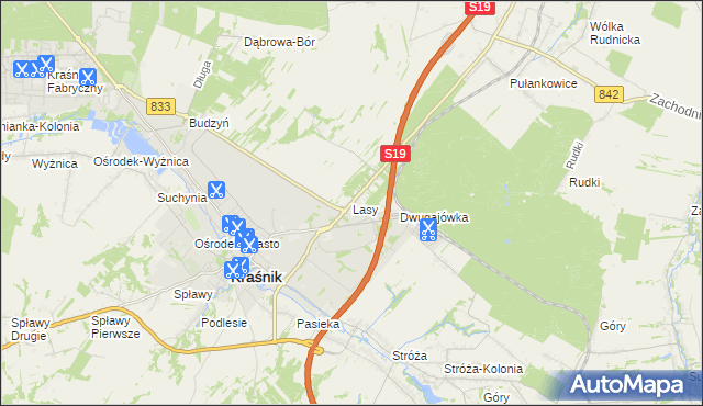 mapa Lasy gmina Kraśnik, Lasy gmina Kraśnik na mapie Targeo