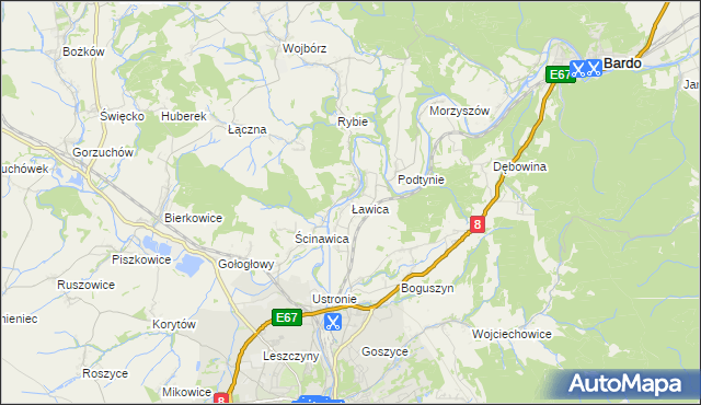 mapa Ławica gmina Kłodzko, Ławica gmina Kłodzko na mapie Targeo